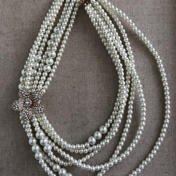 Bloomingdales CLASSIC White 6 strand Pearl Flower pendant bib Collar Necklace - Picture 4 of 15